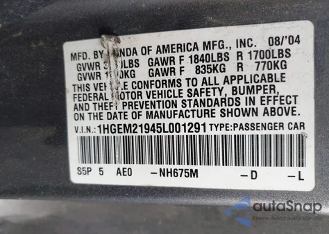 2005 Honda Civic Ex из США, поврежденный, VIN 1HGEM21945L001291